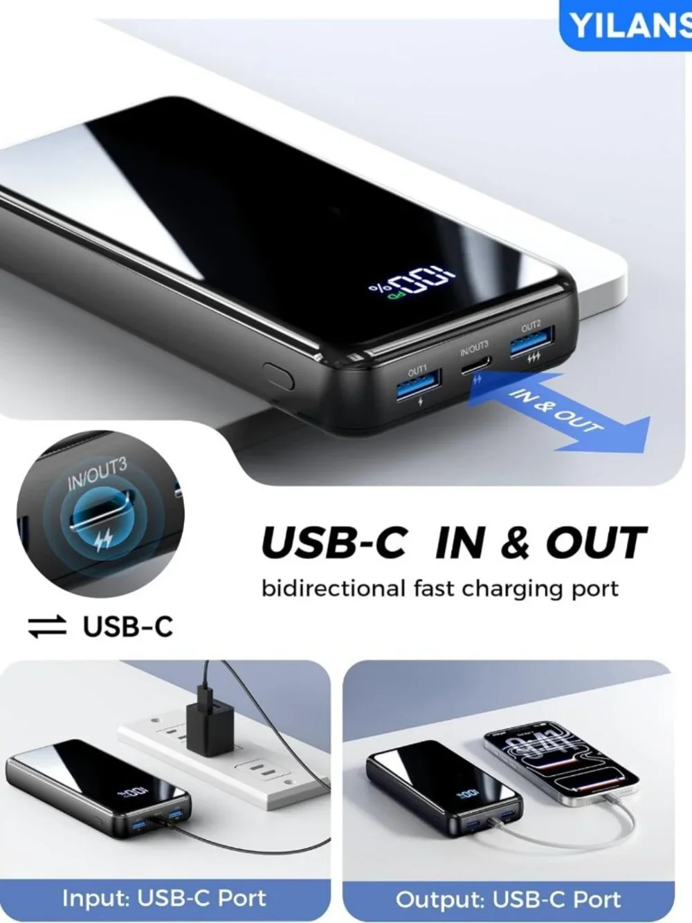 High-Capacity 50000mAh Portable Charger, 22.5W Power Bank with 4 Built-in Cables